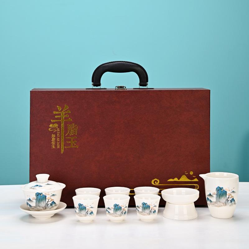 Dehua Suet Jade Porcelain Kung Fu Tea Set Gift Box, Thousands of Miles of Jiangshan, the Whole Set of Activities Accompanied by Hand Gifts