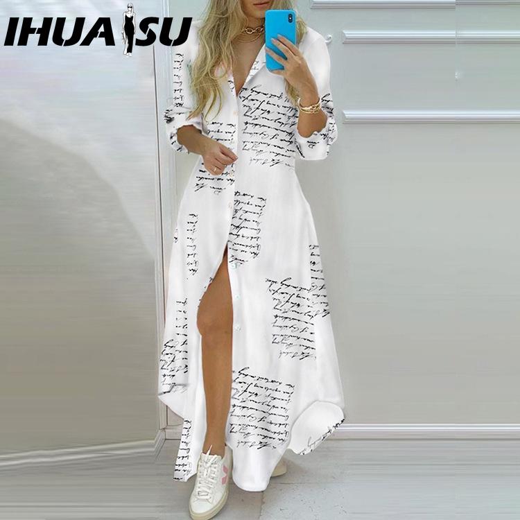 IHUASU Rochie Cămașă cu Imprimeu Temperamental de Primăvară Toamnă pentru Femei, cu Nasturi Simpli, Rochie Cămașă Deschisă, Rochie Lungă Casual