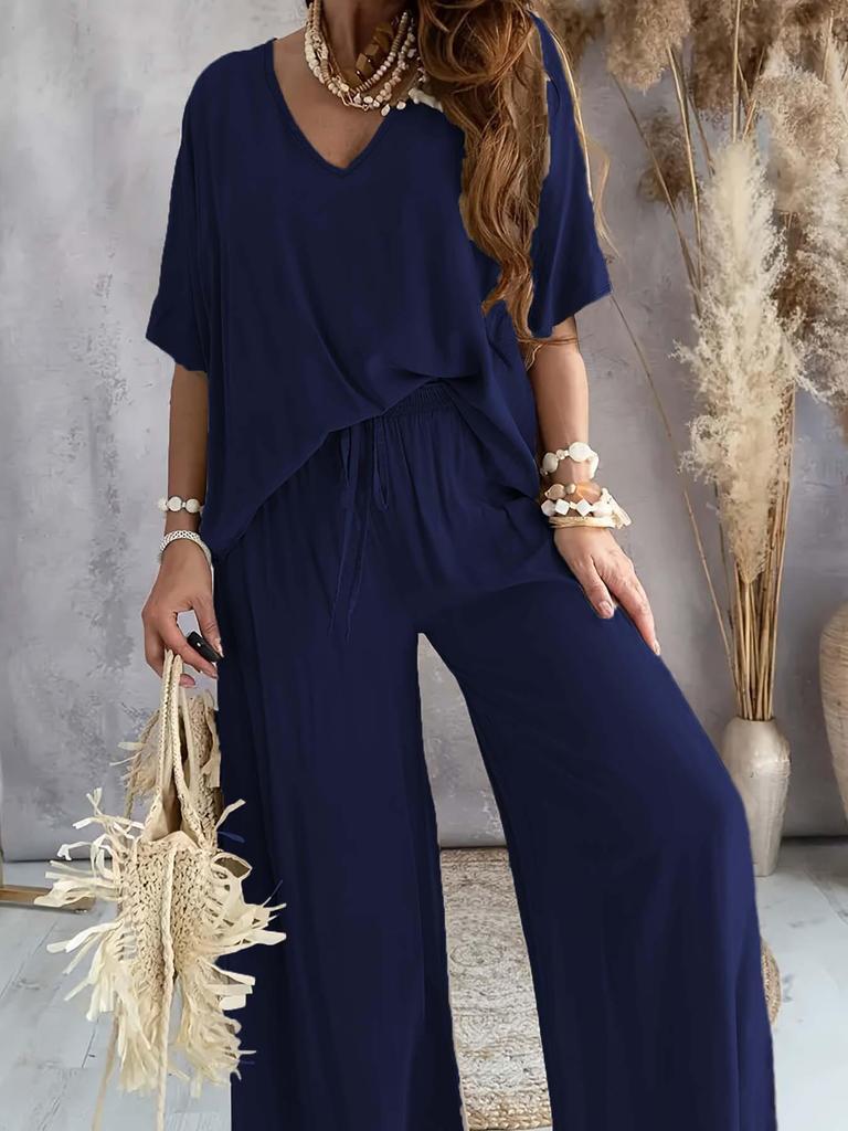 V-Neck Batwing Sleeve Casual Two-Piece Set with Wide-Leg Pants (2025) Women's Fashion