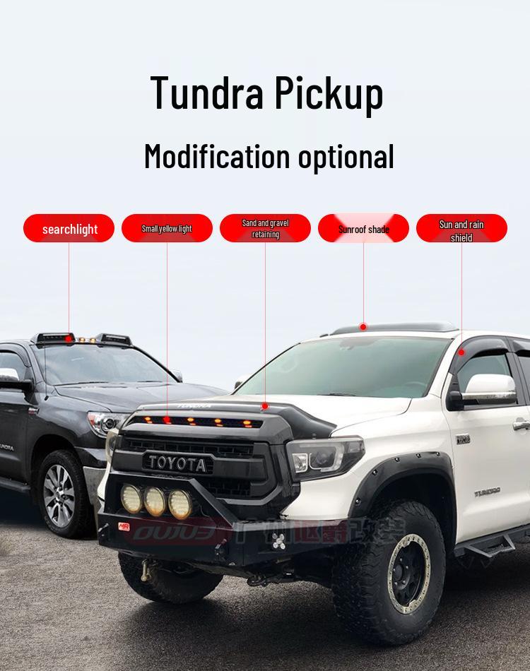 Toyota Tundra Off-road Sand & Gravel Deflector Rain Visor & Yellow Spotlight Decoration Accessory.