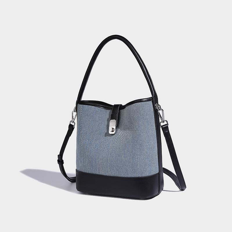 

2024 Summer New Vintage Bucket Bag for Women, High-End Fashion Color-Block Handbag, Commuter Shoulder Crossbody Bag джинсовый синий