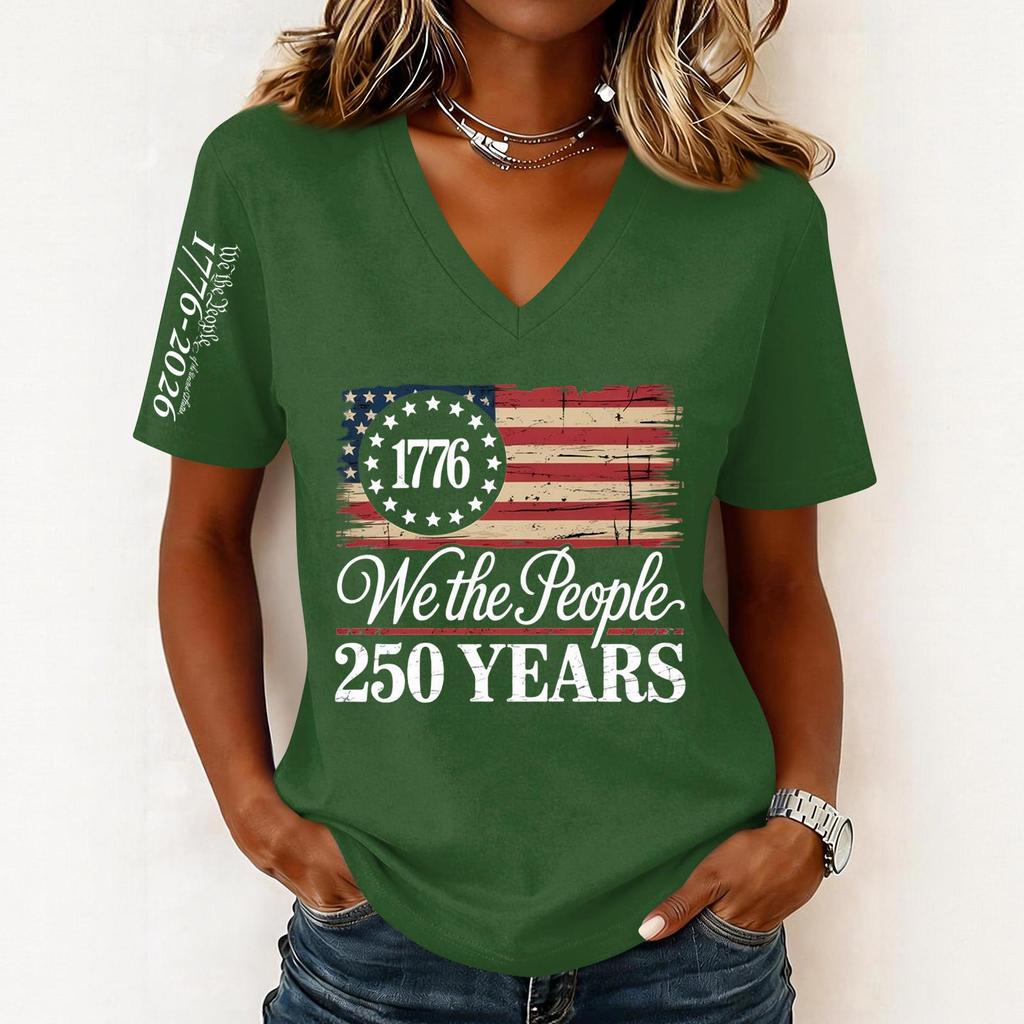 Women’s Fashion Casual Short Sleeve V Neck Pullover Top with 1776 and We the People 250 Years Graphic Print for Everyday Wear