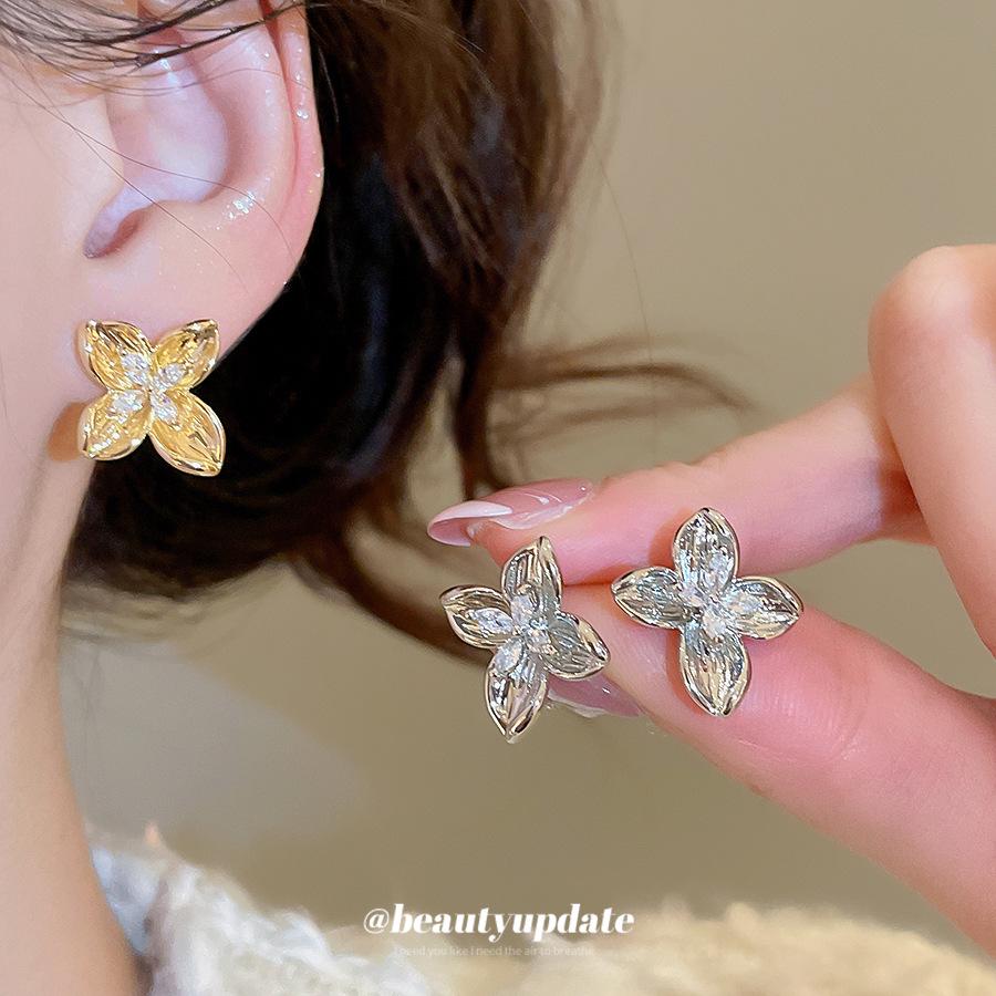14k Gold Plated Zircon Flower Stud Earrings - Minimalist High-End Design for Women