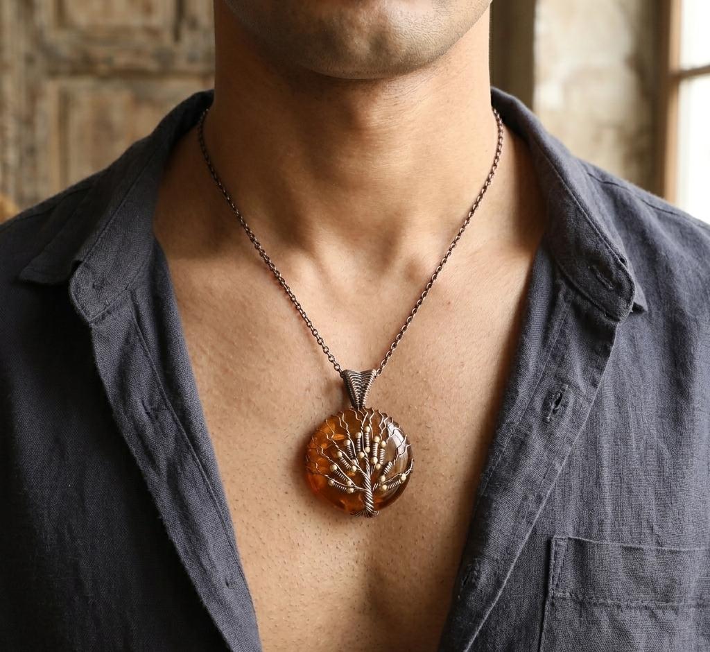 Vintage Tree of Life Wire Wrapped Pendant Natural Amber GemStone Copper Pendant Handmade Copper Jewelry Gift