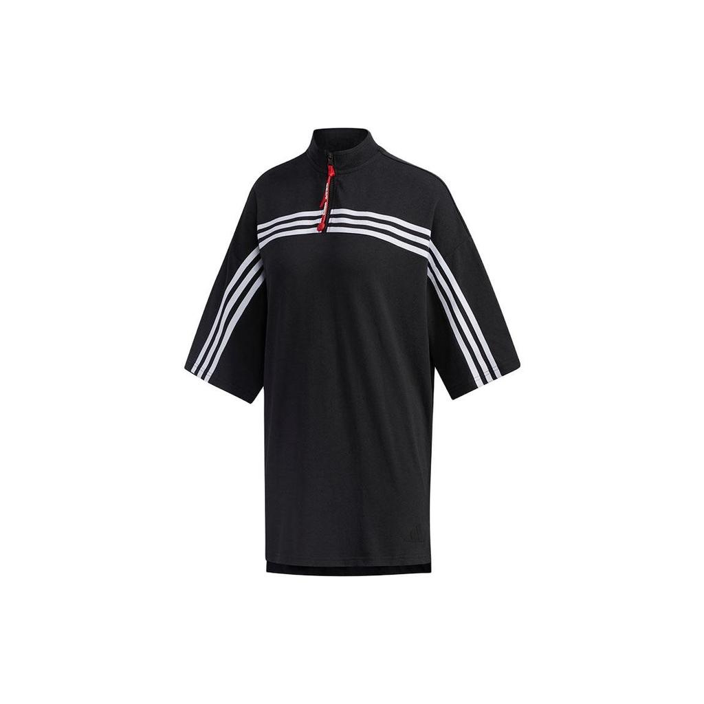 Adidas T-shirt Casual Listrada de Manga Três Quartos com Meio Zíper Feminina Tops Preto FT2865