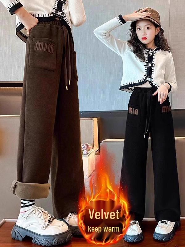 Girls' Fleece-Lined Wide-Leg Pants: 2025 Autumn/Winter Casual Straight-Leg for Kids
