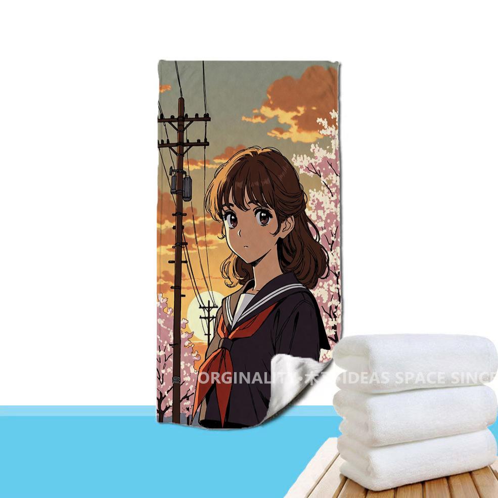 Sakura Girl Sunset Beach Towel Patterned Sunscreen And Windproof Suitable For Swimming Pool Camping Travel Blanket