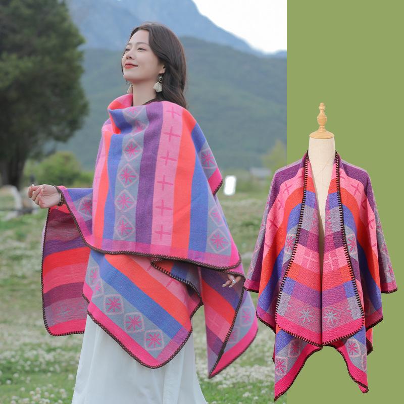 Autumn Winter Preppy Style Scarf Women Layers Poncho Warm Elegant Striped Print Scarve Capa Para Mujer Pashmina Cloak Wrap Shawl