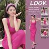 Elegant 2025 Pink Strappy Knit Midi Dress - Cinched Waist, Hip-Hugging Women's Summer Style