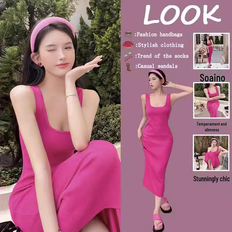 Elegant 2025 Pink Strappy Knit Midi Dress - Cinched Waist, Hip-Hugging Women's Summer Style