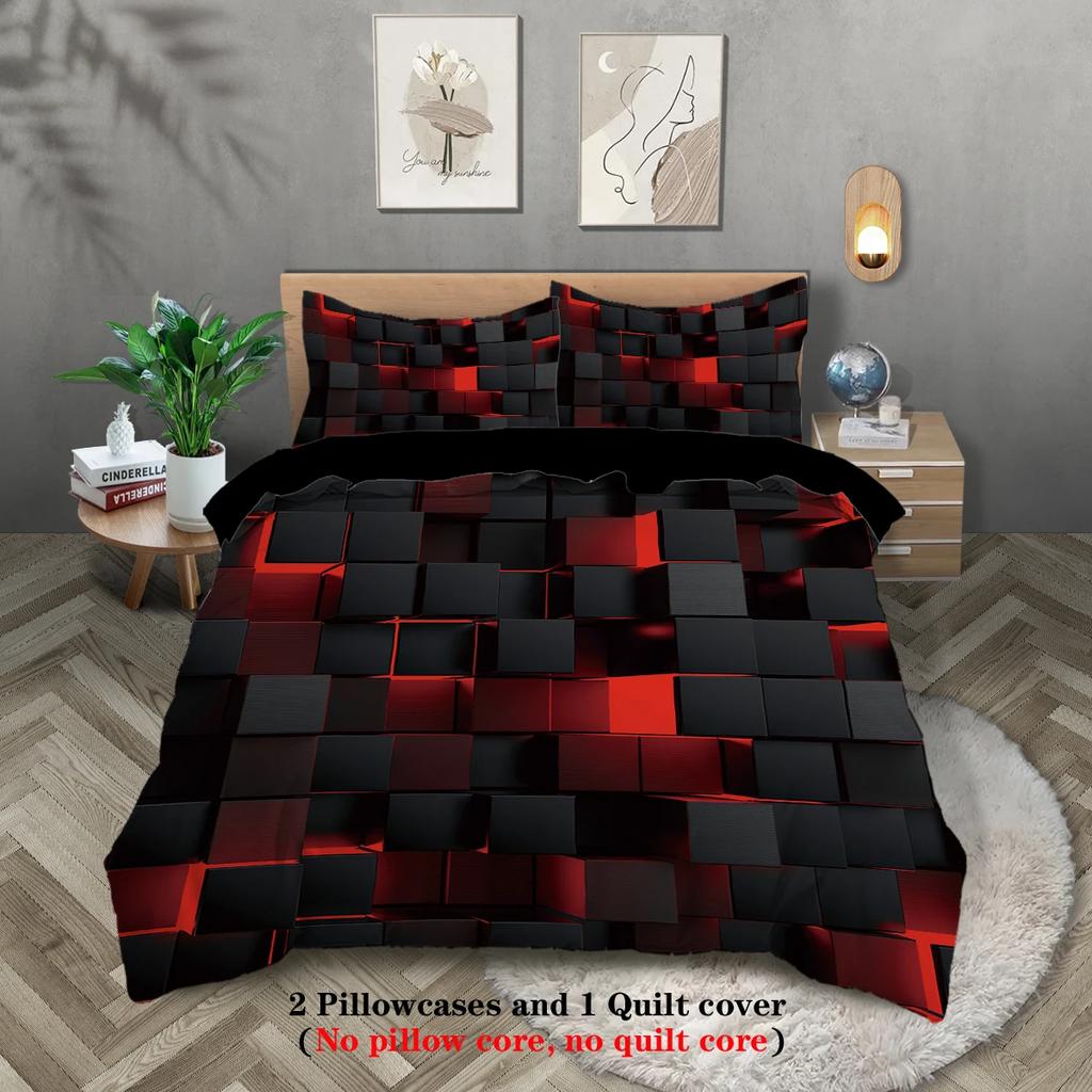 3pcs Red transparent grid visual effects bedding set suitable for teenagers and adult bedroom1*duvet cover+2*pillowcase