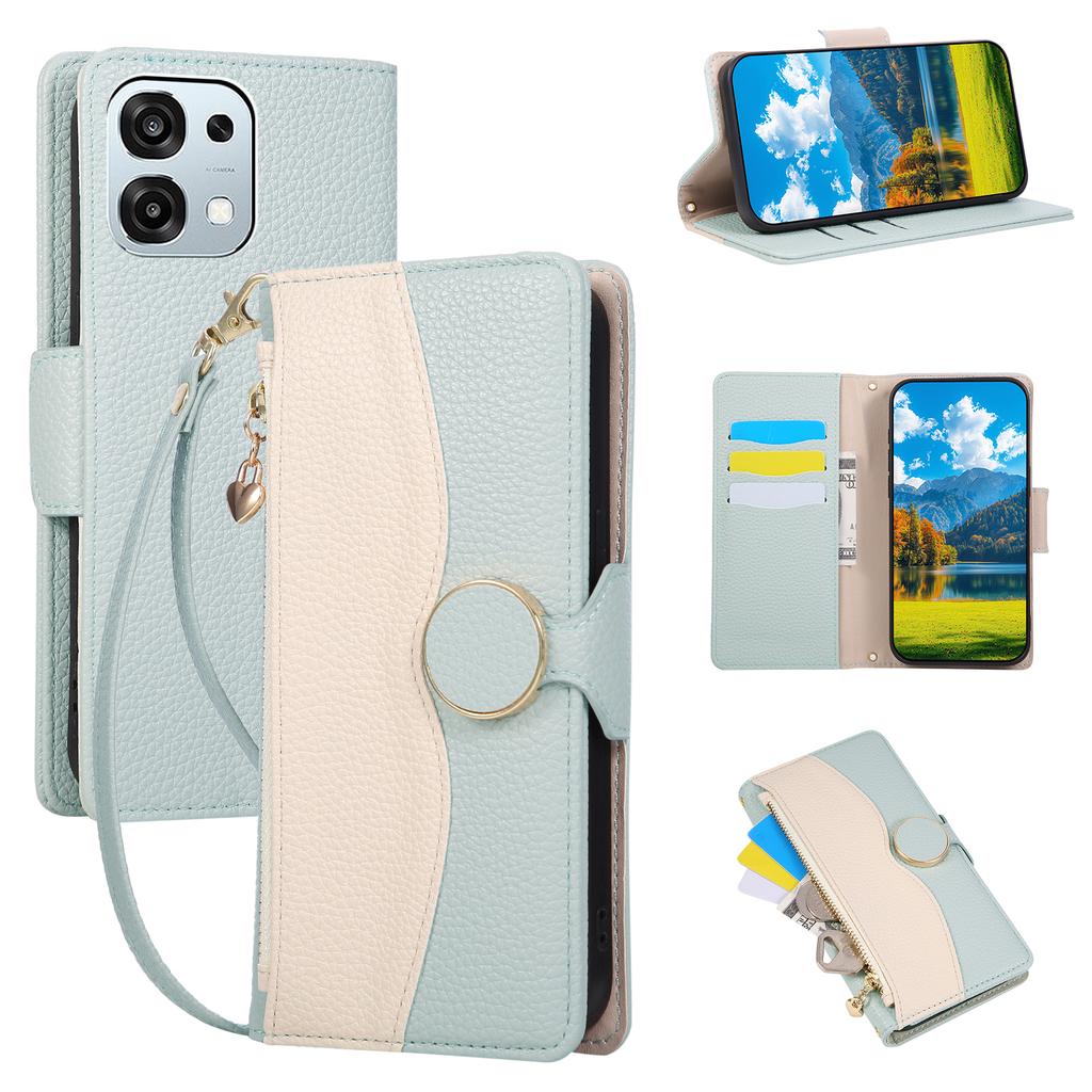 Pro Oppo A6 Pro 5G Pouzdro Peněženka na zip Barevné spojování TPU PU kůže Sklopný kryt telefonu s popruhem