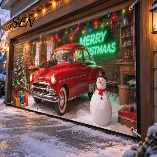 Outdoor Winter Party Supplies Christmas Garage Door Cover, Holiday Hanging Banner Backdrop, Decoration Santa Claus Snowman Truck Photography