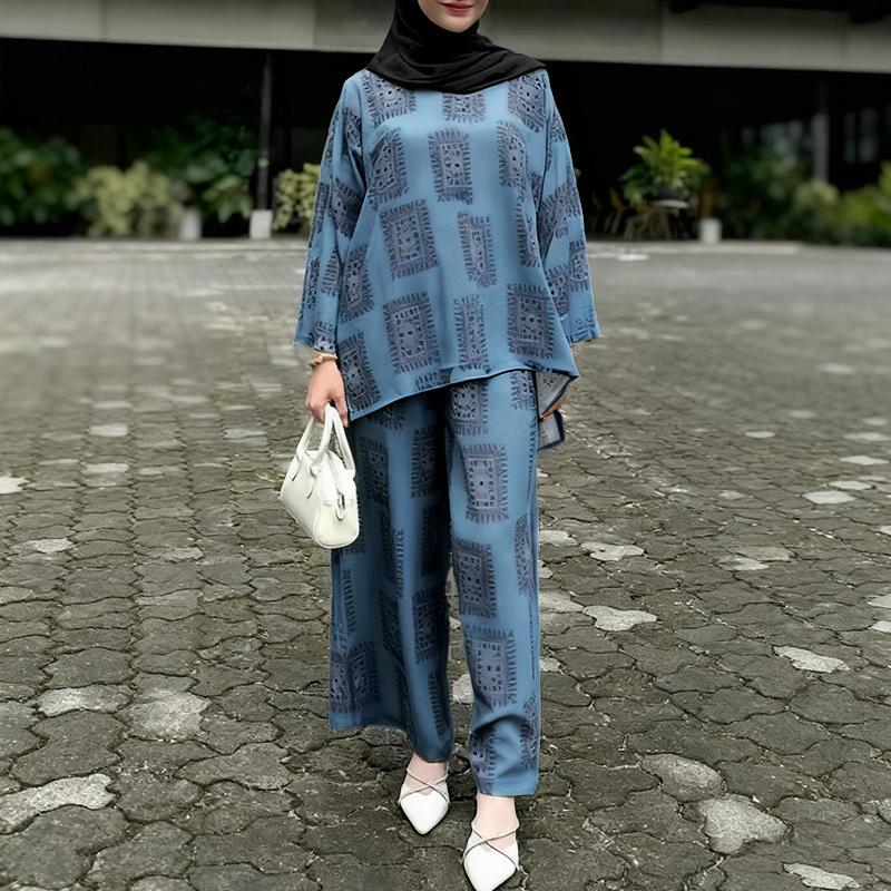 ZANZEA Women Long Sleeve Blouse and Pants Casual Print Two Piece Suit Sets