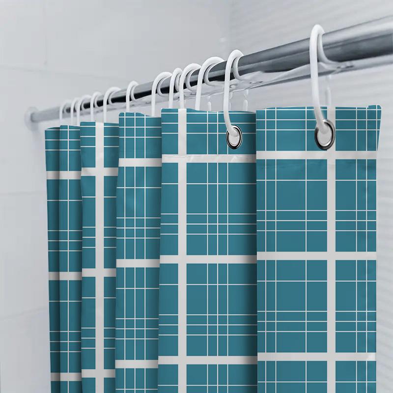 Blue Plaid Shower Curtain Waterproof Bath Mat Home Decor