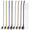 10Pcs/Set Straw Spoon Portable Black Tea Scoop Reusable Colored Stainless Steel Straws Colorful Dinnerware Set For Bar Party
