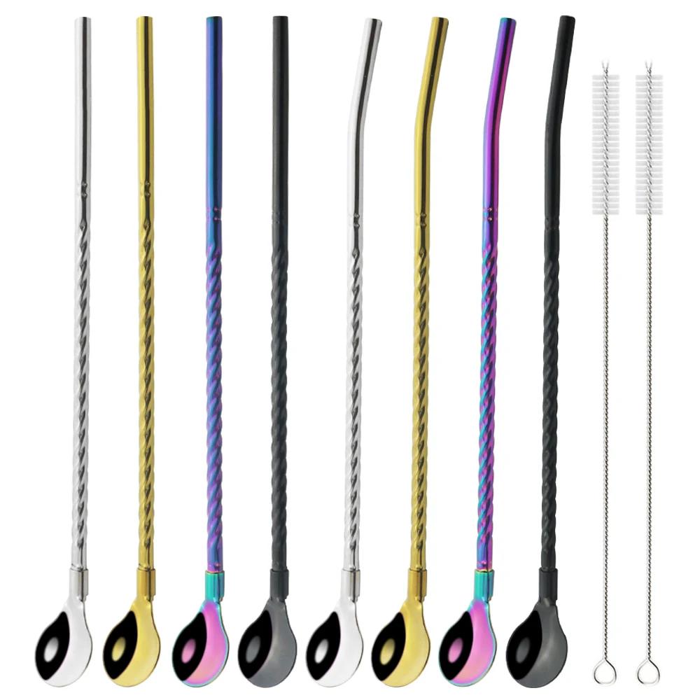 10Pcs/Set Straw Spoon Portable Black Tea Scoop Reusable Colored Stainless Steel Straws Colorful Dinnerware Set For Bar Party