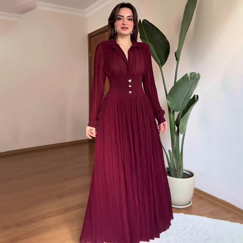 European Elegant Long-Sleeve Polo Collar Pleated Dress - Solid Color, New Style Fashion