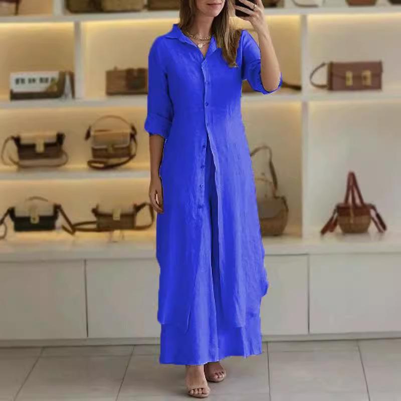 Cross-border Europe and the United States 2025 spring and summer new _ casual linen suit _ women's elegant long-sleeved wide-leg pants two-piece set 