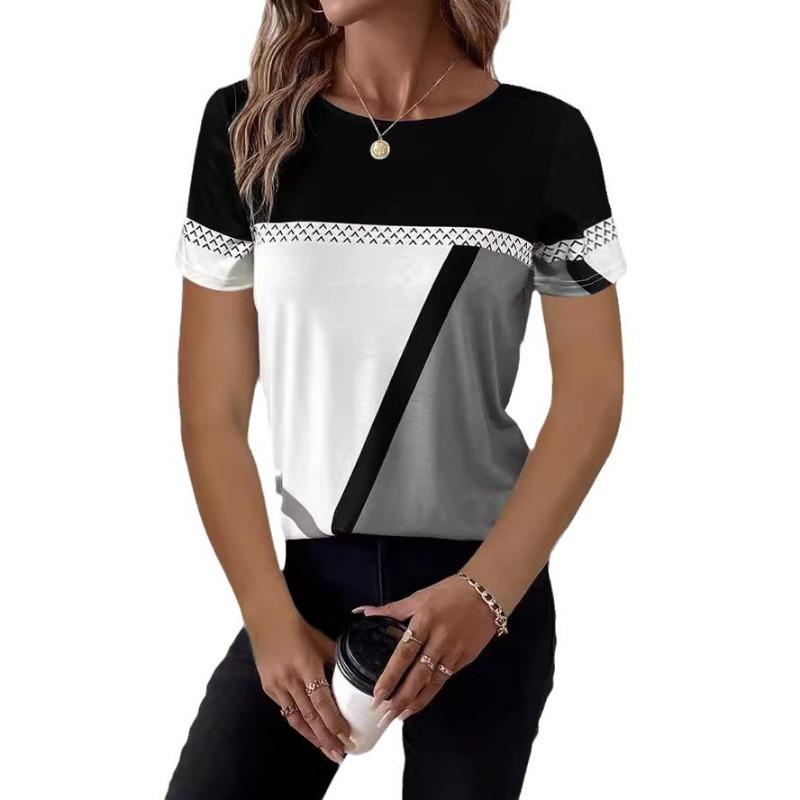 Women Crew Neck Geometric Color Block Print Short Sleeve Loose Casual Tee