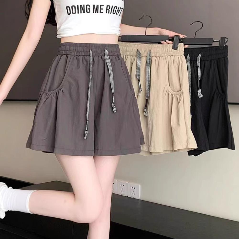 Women's Summer Thin Skirt Yoga Pants Ice Silk Wide Leg Shorts Solid Color Pocket Lace Up Short Pants
