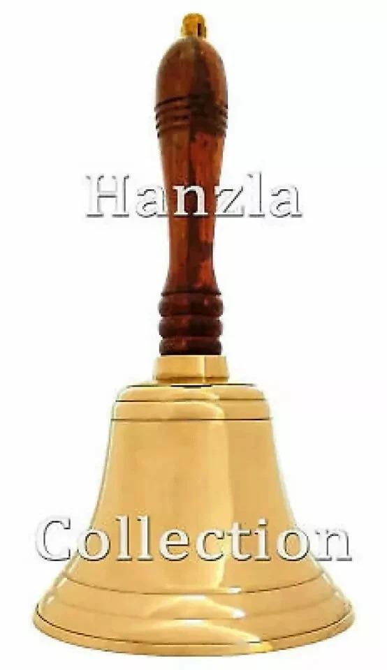 Large Brass & Wood School Hand Bell – 11" Vintage Teacher Bell – Antique Collectible Décor