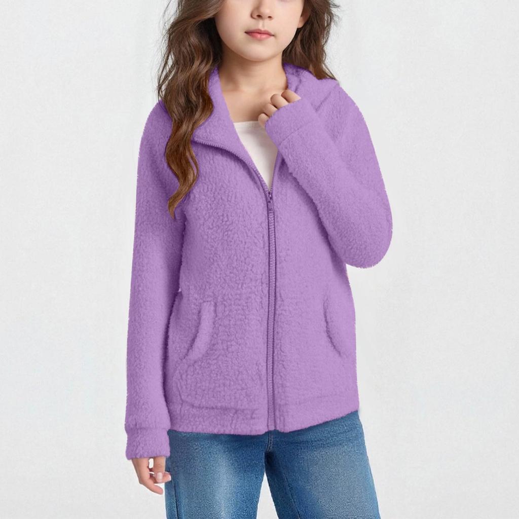 Children's Autumn/Winter Warm Fleece Hooded Pocket Long-Sleeve Solid-Color Jacket