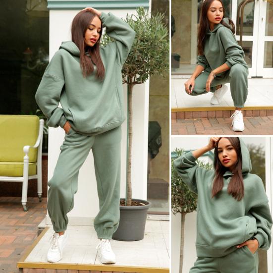 2 Pcs/Set Women Autumn Tracksuit Solid Color Loose Elastic Waist Thick Hooded Keep Warm Pocket Elastic Cuff Deep Crotch Winter