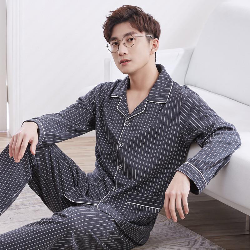 Men's 100% Cotton Pajama Set for Spring & Autumn: Long Sleeve, Long Pants, Versatile Outdoor Wear