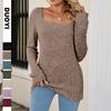 Cross-border Women's Clothing New Top Autumn and Winter Square Collar Pit Strip Grinding Casual Long Version European and American Long-sleeved
