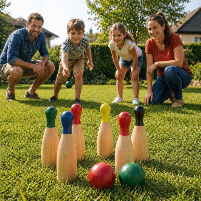 Wooden Skittles Game - FERRY JOUETS - Set 6 Skittles 20 Cm - 2 Balls Ø5 Cm - Colored Heads - Outdoor