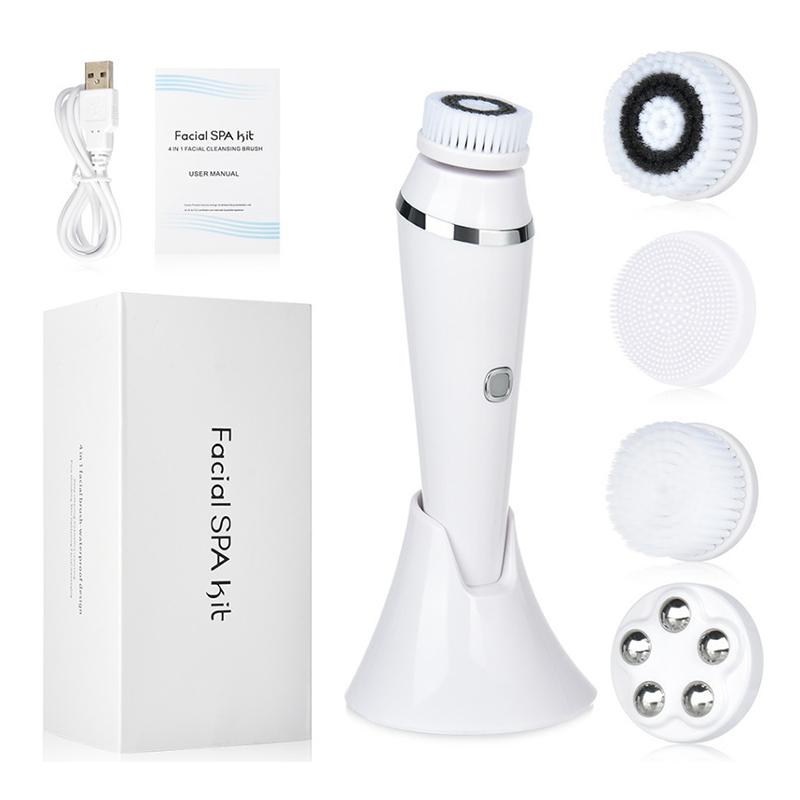

Waterproof 4 in 1 Electric Face Cleansing Brush Vibration Massage 360° Clean Facial Pore Skincare Tools Four Replacement Heads белый