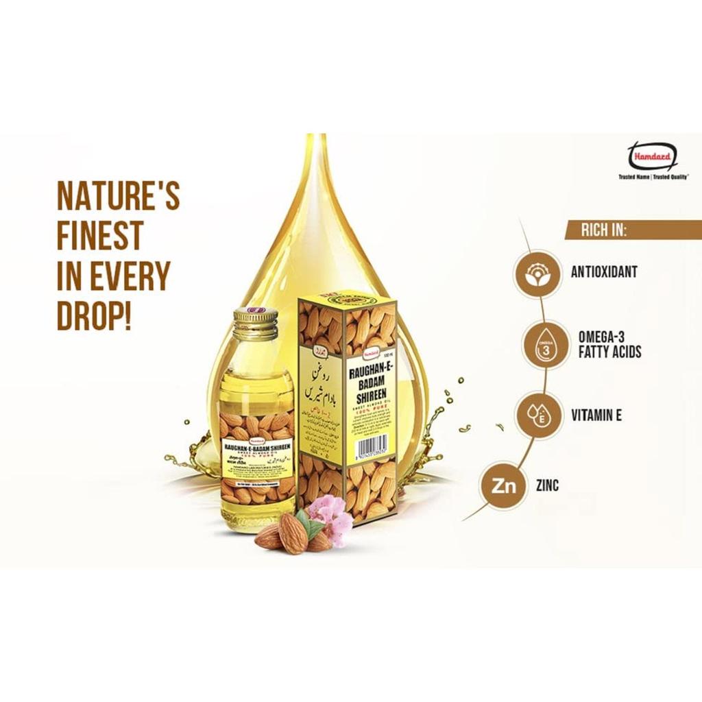 Hamdard Raughan-E-Badam Shireen Sweet Almond Oil 100ml x Pack Of 2 for Skin, Hair & Body Care