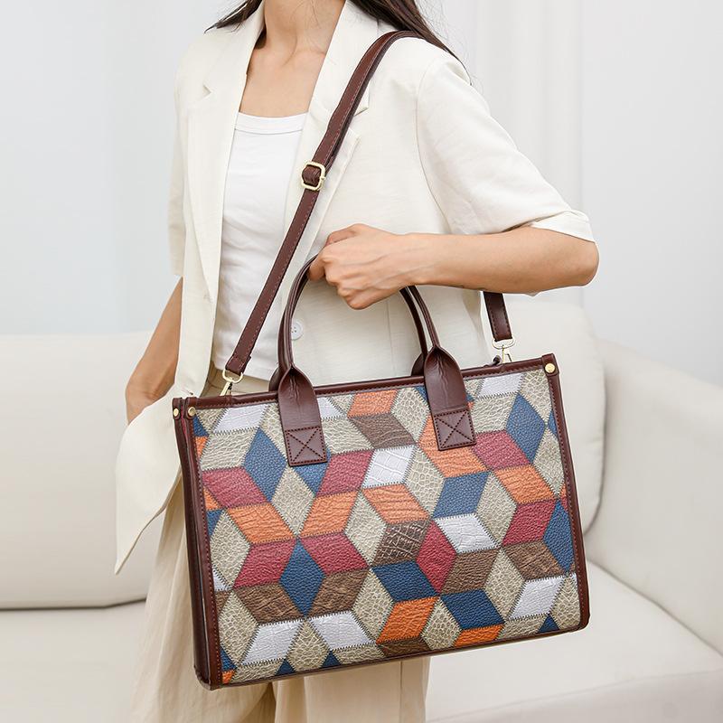 Colorblock Damen Schultertasche Gespleißte Tragetasche mit großem Fassungsvermögen Weiches Leder Leichte Handtasche