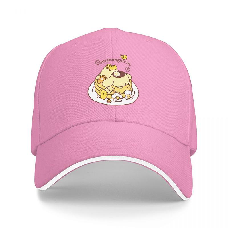 Pancake Cat Baseball Cap Featuring Adorable Cartoon Character with Honey and Flowers Design on Black Hat with White Trim