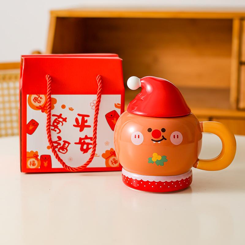 Creative Christmas Gift Mug Ceramic Cartoon Cup Nordic Couple Water Cup Coffee Cup with Lid Gift Box Pack