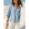 Solid-color Casual Loose V-neck Casual Button-down T-shirt for Women