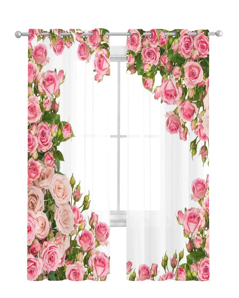 Pink Rose Flower Bouquet White Chiffon Sheer Curtains for Living Room Bedroom Home Decoration Window Voiles Tulle Drapes Curtain