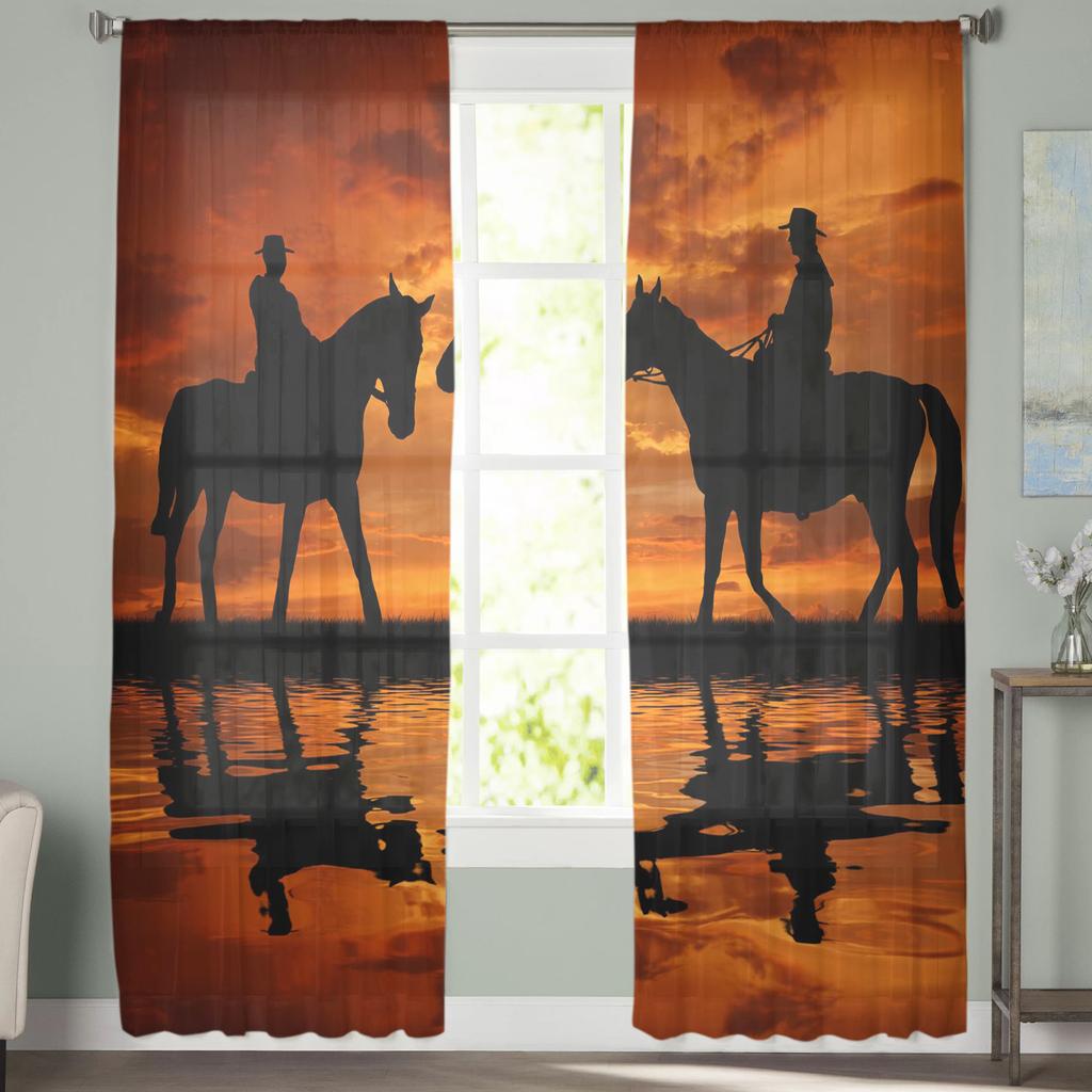 Western Cowboy Sunset Character Silhouette Tulle Curtains For Living Room Decoration Modern Chiffon Sheer Voile Kitchen Curtain