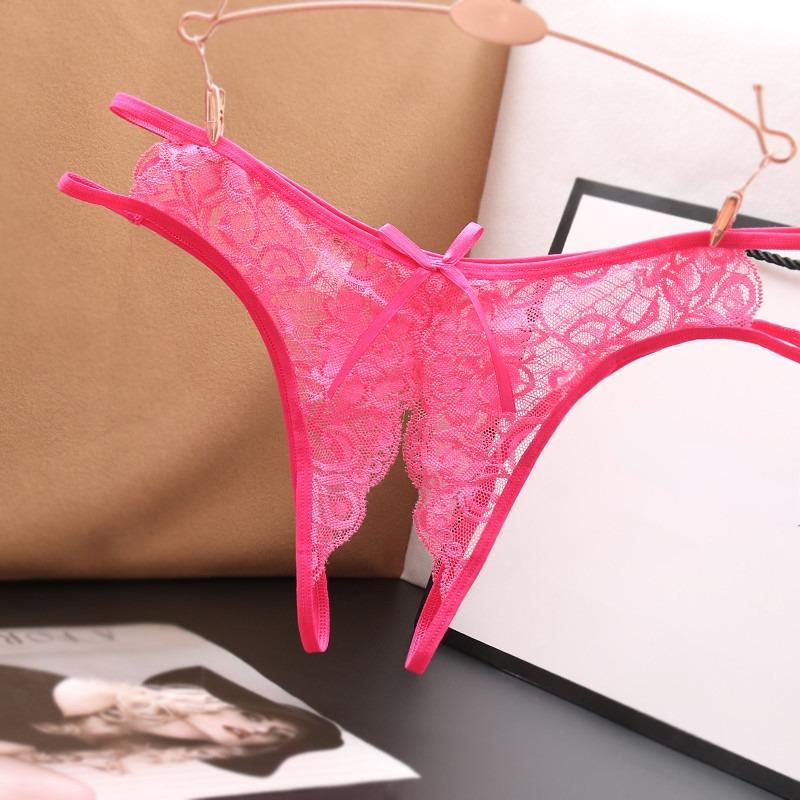 Sexy Lingerie Women Transparent G-strings Thongs Crotch Opening Lace Panties with Bowknot for Ladies