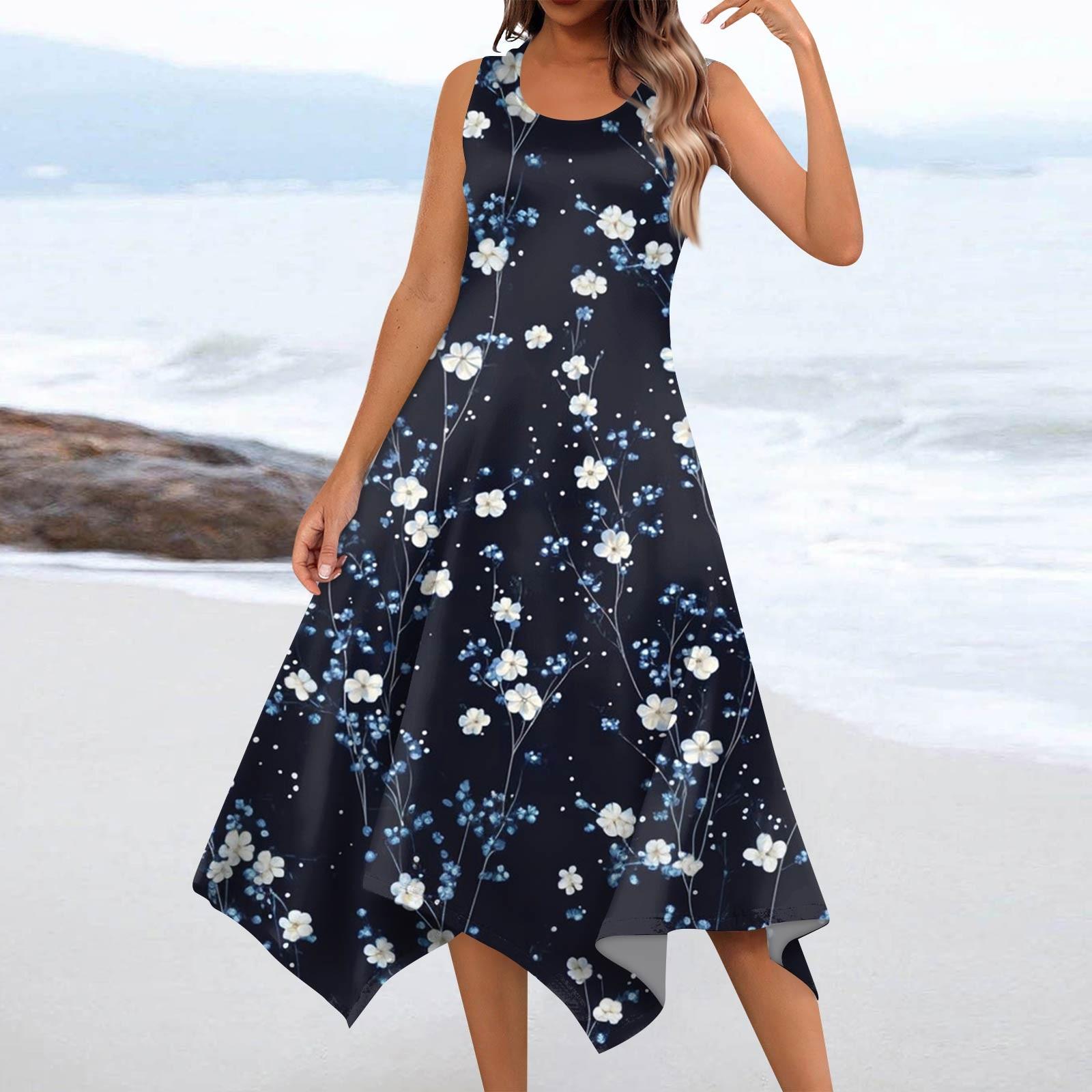 

Women s Casual Fashion Round Neck Sleeveless Floral Print Irregular Hem Midi Dress XL Темно-синій