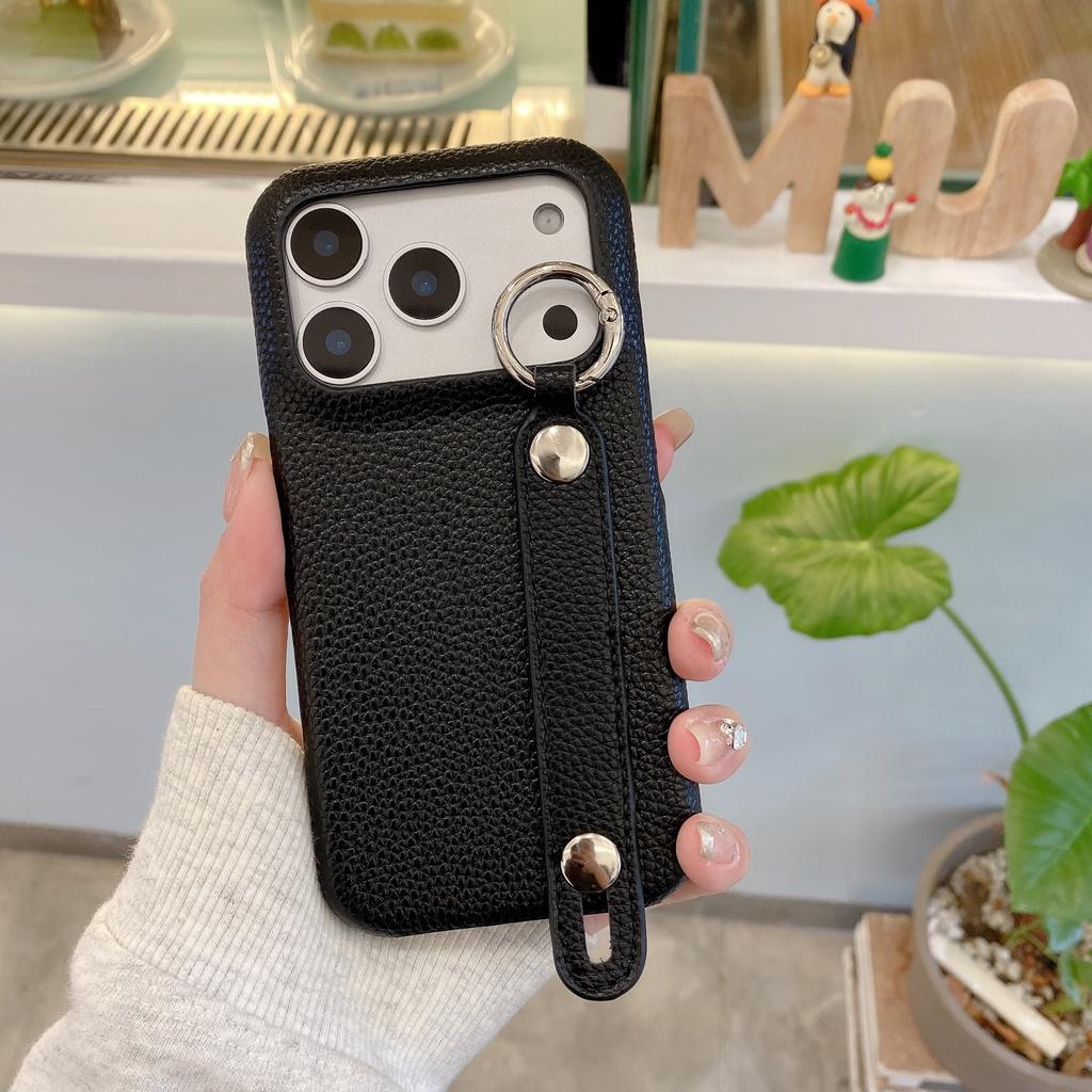 Lychee Ring Holder Stylish Wristband PU Leather Phone case For iPhone 17 Pro Max 16 Plus 15 14 13 12 kickstand Shockproof Cover