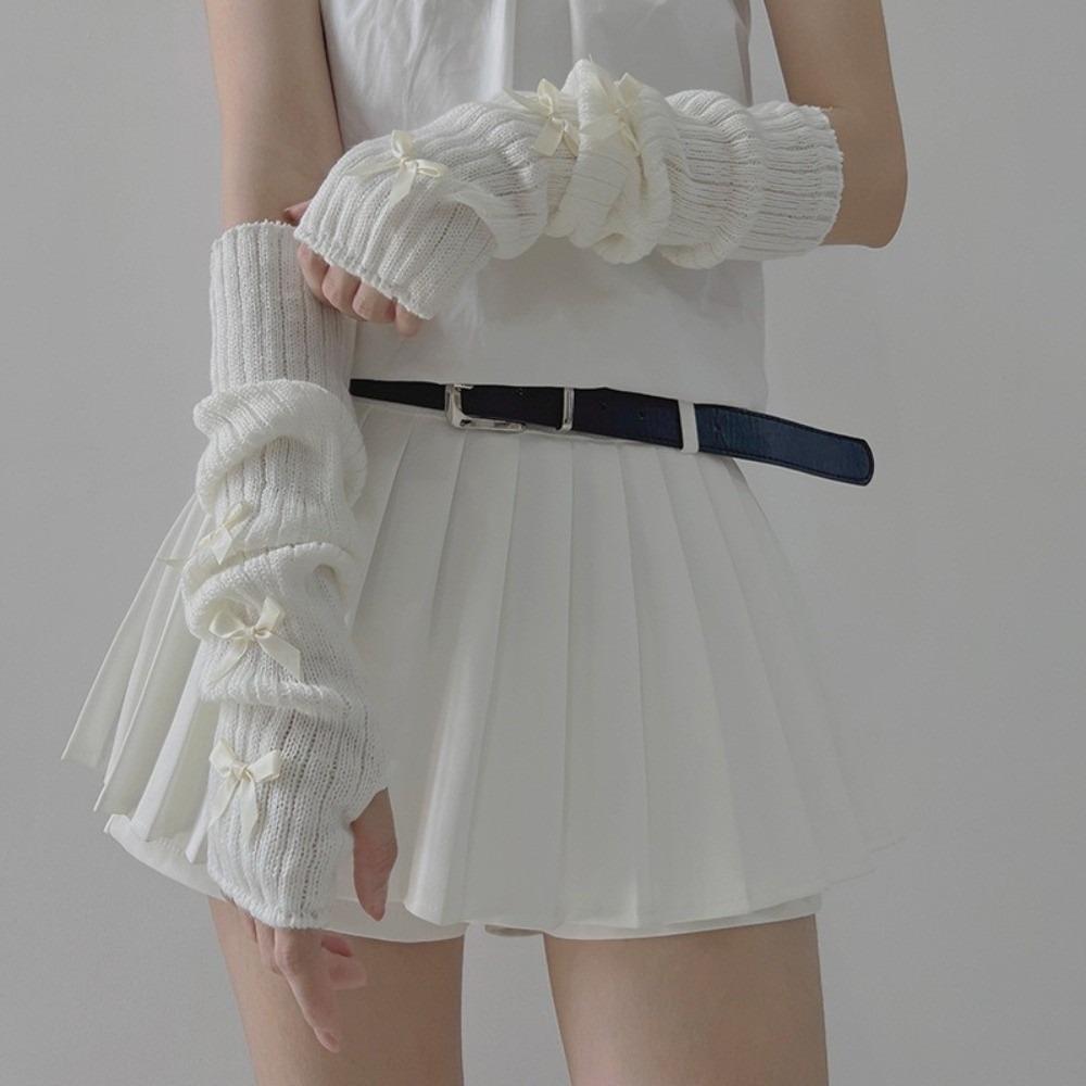 Slouchy Y2K Fingerless Gloves Long Wrist Cuffs Sweet Bow Knitted Arm Warmers Girls