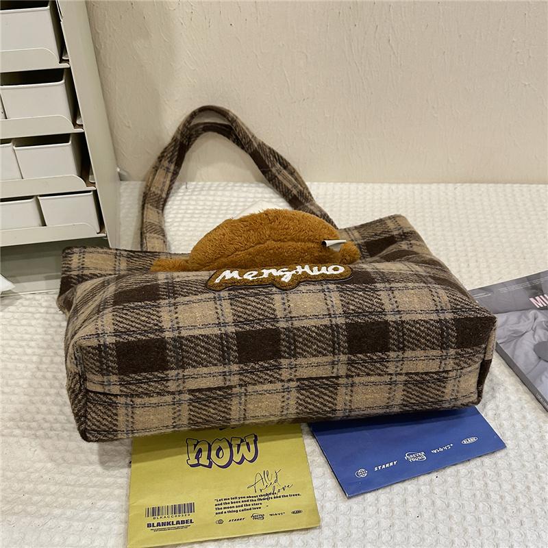 Bear Shoulder Bag Women's Bag Vintage Plaid Tote Bag