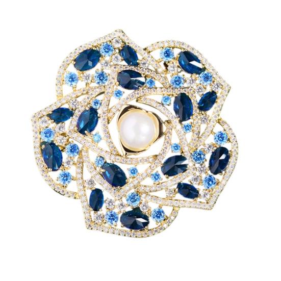 Women Brooch Pin Camellia Design Lapel Pin with Imitation Pearl синий