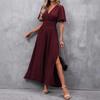 Dresses Femme Spring Summer Elegant Long Dress Women's Short Sleeve V Neck Hem Slit Solid Color Formal Evening Belted Dress Robe