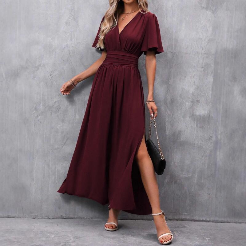 Dresses Femme Spring Summer Elegant Long Dress Women's Short Sleeve V Neck Hem Slit Solid Color Formal Evening Belted Dress Robe