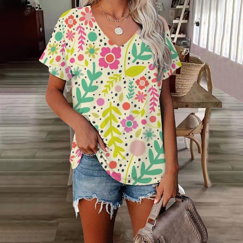 Blumen Damen V-Ausschnitt T-Shirt 3D-gedruckt Retro-Mode Casual bedruckte kurzärmlige Kleidung