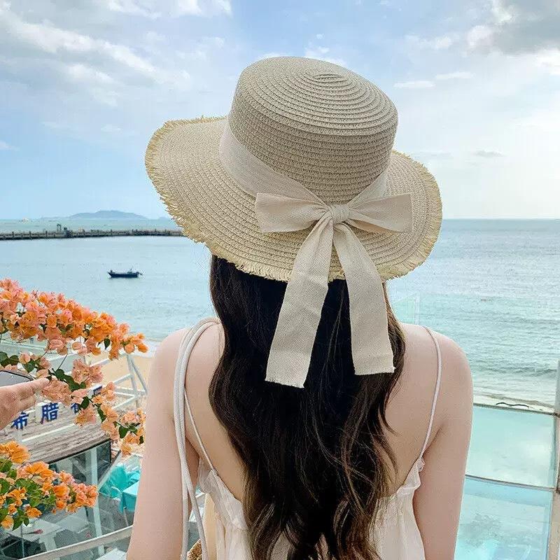 Straw hat ins lace-up hollow straw hat women's summer travel sun protection beach seaside sun hat lace edge sun hat