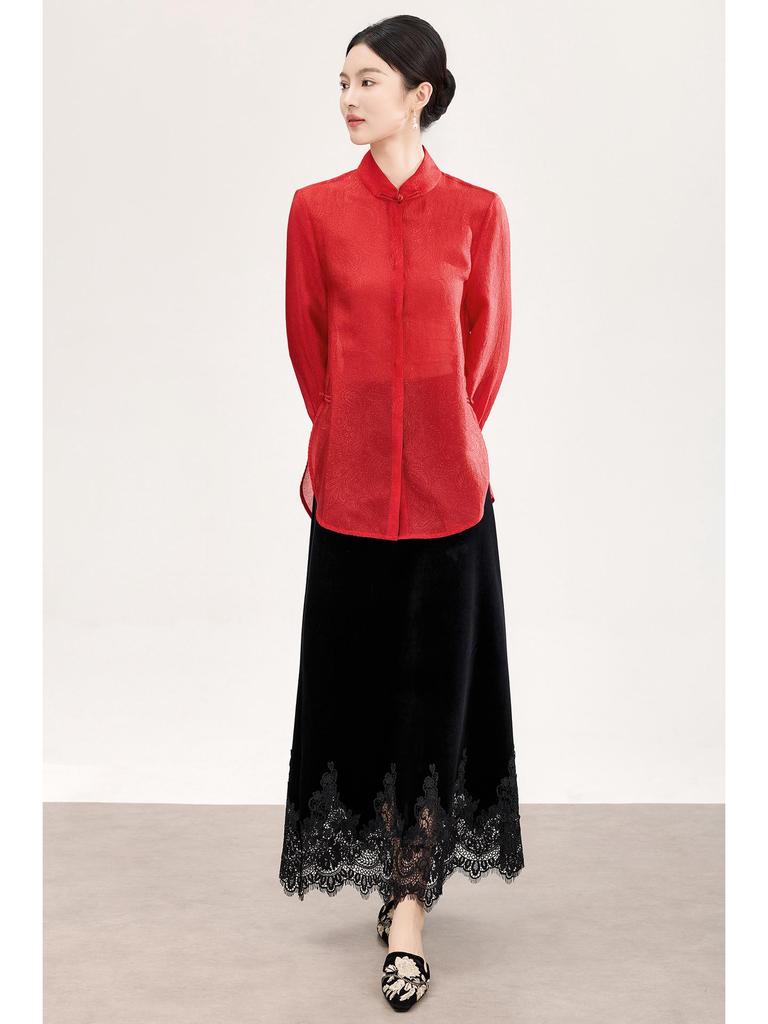 High-End Women's Silk Jacquard Frog Button Zen Shirt - Chinese Style Tea Ceremony Top for Spring